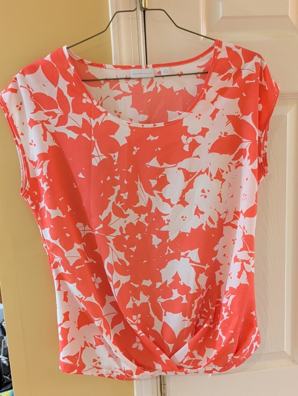 New York & Company Coral and White Floral Twist-Front Top
